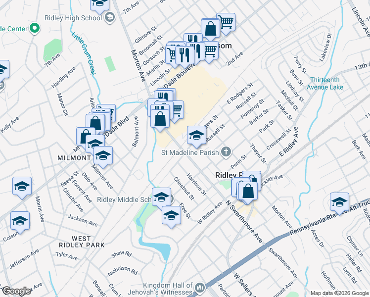 map of restaurants, bars, coffee shops, grocery stores, and more near 611 North Swarthmore Avenue in Ridley Park