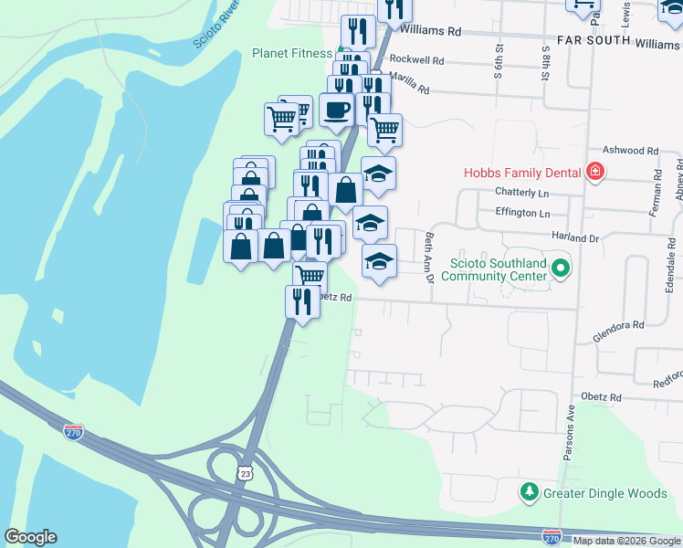 map of restaurants, bars, coffee shops, grocery stores, and more near 60 Obetz Road in Columbus