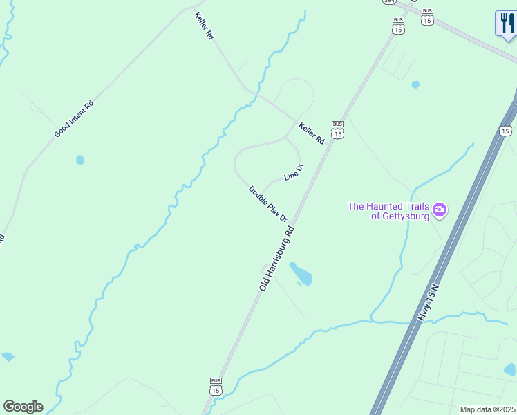 map of restaurants, bars, coffee shops, grocery stores, and more near 66 Double Play Dr in Gettysburg