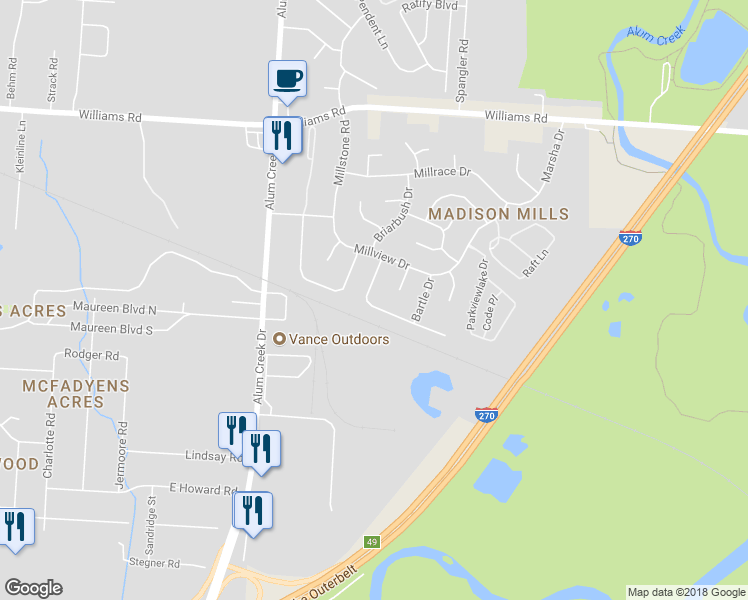 map of restaurants, bars, coffee shops, grocery stores, and more near 2526 Four Seasons Drive in Columbus