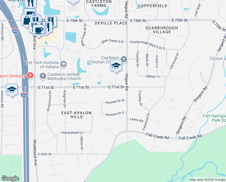 map of restaurants, bars, coffee shops, grocery stores, and more near 7565 East 71st Street in Indianapolis