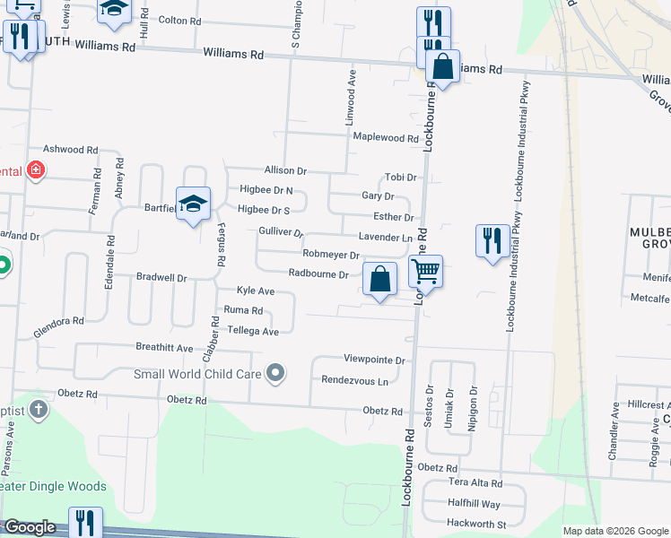 map of restaurants, bars, coffee shops, grocery stores, and more near 991 Robmeyer Drive in Columbus