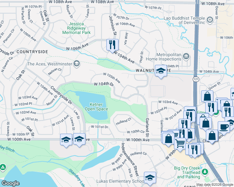 map of restaurants, bars, coffee shops, grocery stores, and more near 9630 West 105th Avenue in Westminster