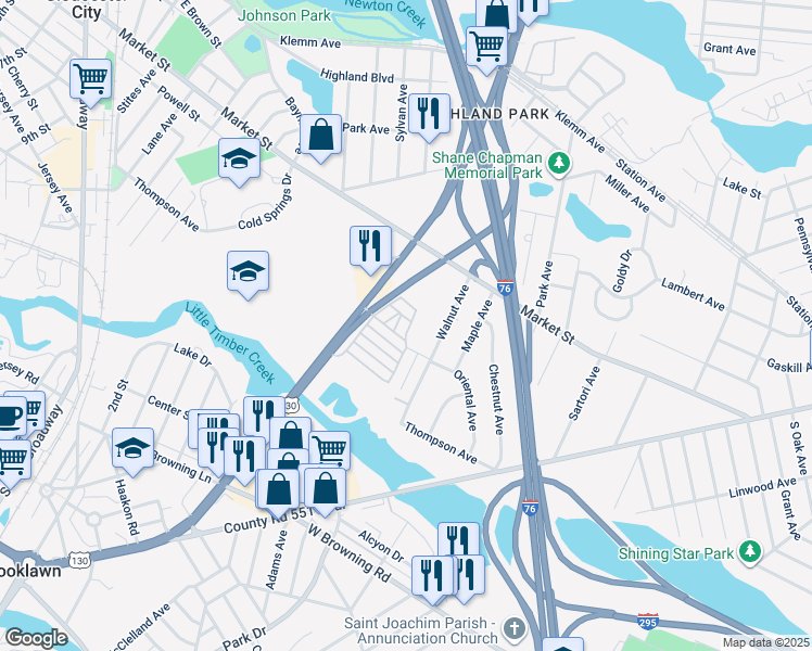 map of restaurants, bars, coffee shops, grocery stores, and more near 501 Dukewood Avenue in Gloucester City