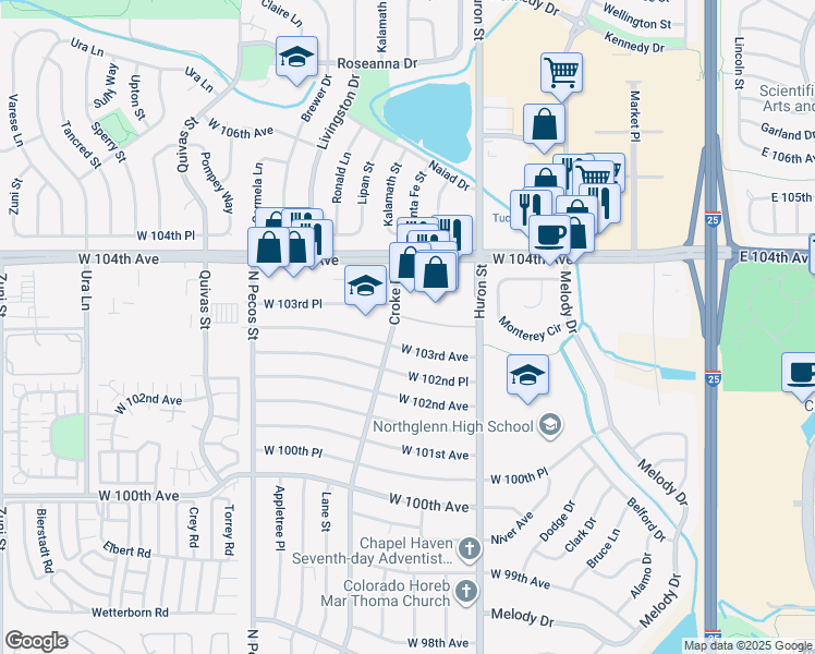map of restaurants, bars, coffee shops, grocery stores, and more near 950 West 103rd Place in Northglenn