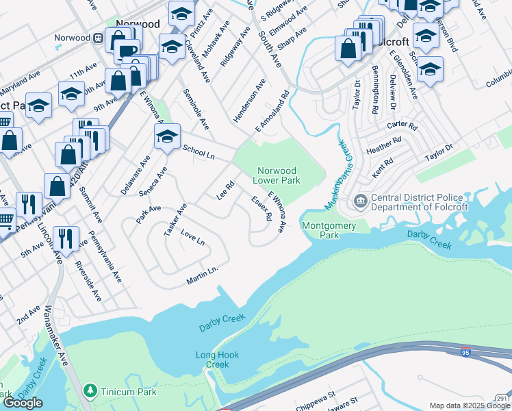 map of restaurants, bars, coffee shops, grocery stores, and more near 516 Essex Road in Norwood