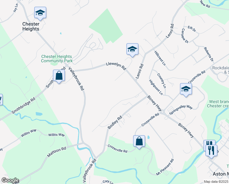 map of restaurants, bars, coffee shops, grocery stores, and more near 57 Bishop Drive in Aston