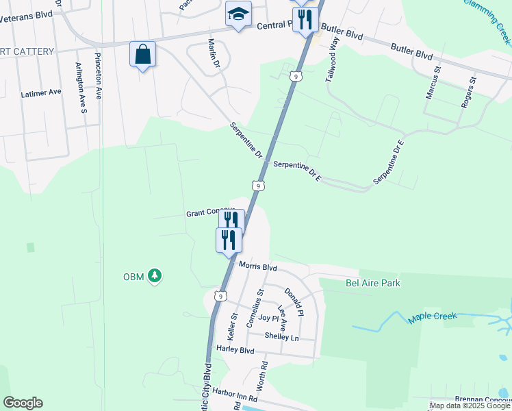 map of restaurants, bars, coffee shops, grocery stores, and more near 912 Atlantic City Boulevard in Berkeley Township