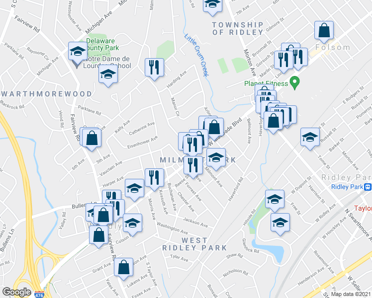 map of restaurants, bars, coffee shops, grocery stores, and more near 405 Milmont Avenue in Folsom