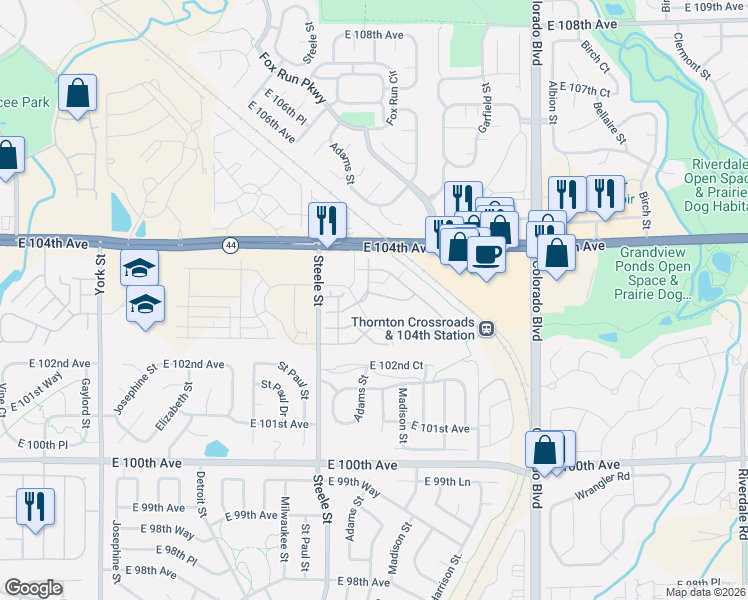 map of restaurants, bars, coffee shops, grocery stores, and more near 10370 Cook Way in Denver