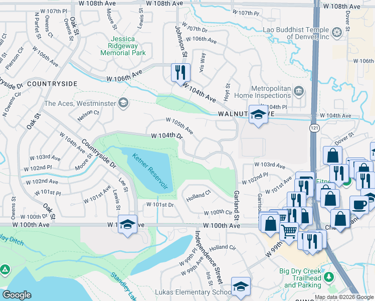 map of restaurants, bars, coffee shops, grocery stores, and more near 9630 West 105th Avenue in Westminster