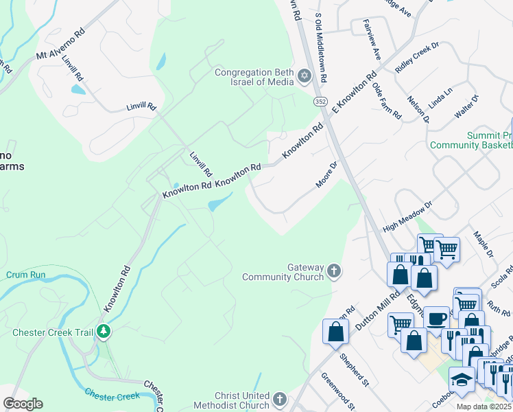 map of restaurants, bars, coffee shops, grocery stores, and more near 134 Moore Drive in Media