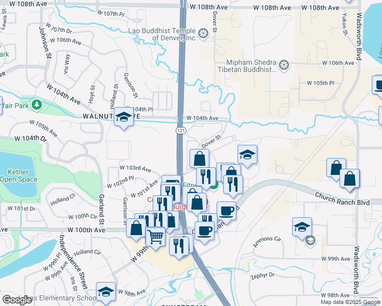map of restaurants, bars, coffee shops, grocery stores, and more near 10255 Dover St in Westminster