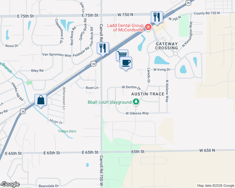 map of restaurants, bars, coffee shops, grocery stores, and more near 6919 North Karnes Drive in McCordsville
