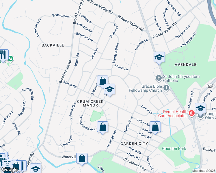 map of restaurants, bars, coffee shops, grocery stores, and more near 605 School Lane in Delaware County