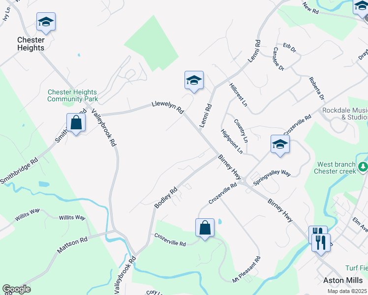 map of restaurants, bars, coffee shops, grocery stores, and more near 33 Bishop Drive in Aston
