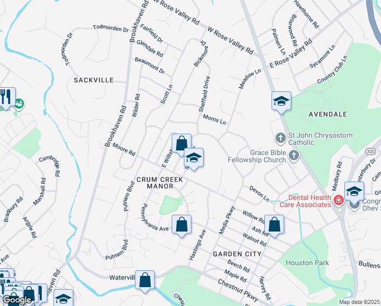 map of restaurants, bars, coffee shops, grocery stores, and more near 605 School Lane in Delaware County