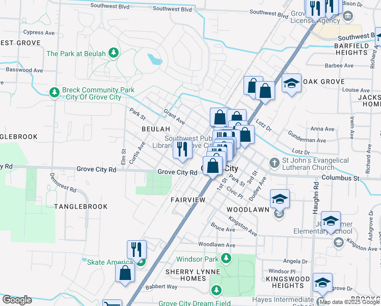 map of restaurants, bars, coffee shops, grocery stores, and more near 3501 Park Street in Grove City