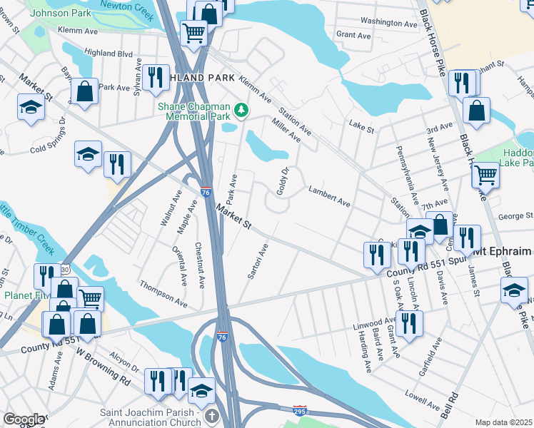 map of restaurants, bars, coffee shops, grocery stores, and more near 134 Edwards Drive in Gloucester City