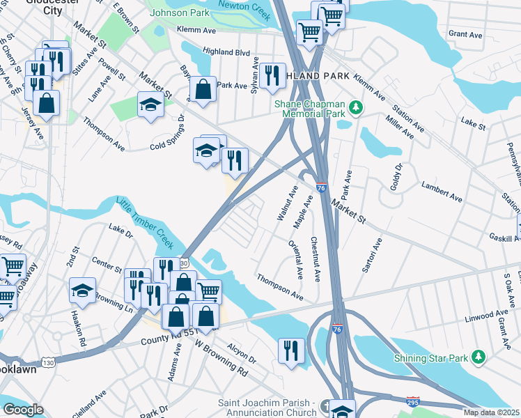 map of restaurants, bars, coffee shops, grocery stores, and more near 501 Dukewood Avenue in Gloucester City
