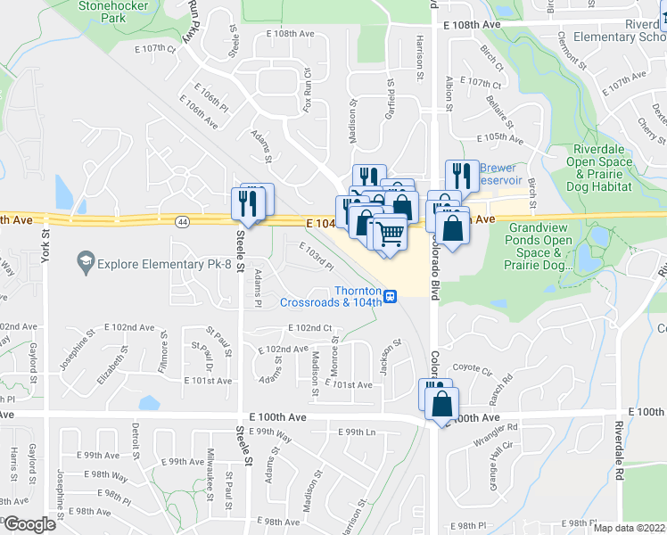 map of restaurants, bars, coffee shops, grocery stores, and more near 3281 East 103rd Place in Thornton