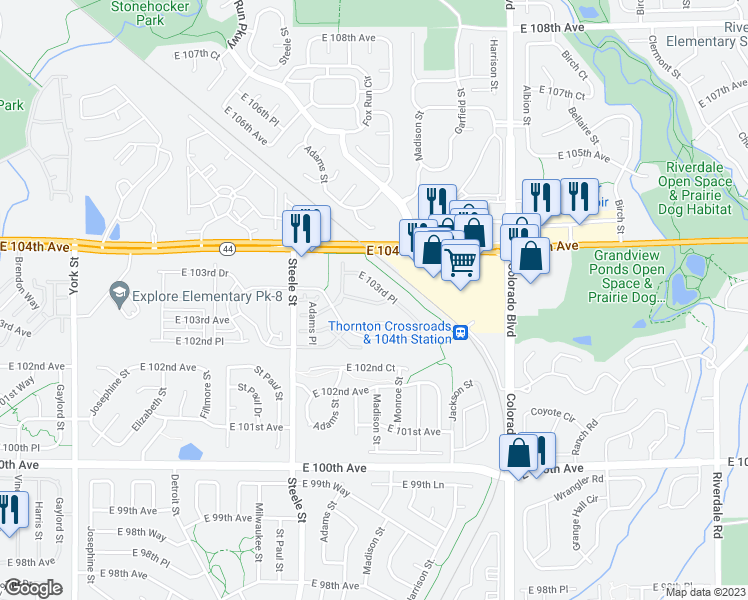 map of restaurants, bars, coffee shops, grocery stores, and more near 3260 East 103rd Drive in Thornton