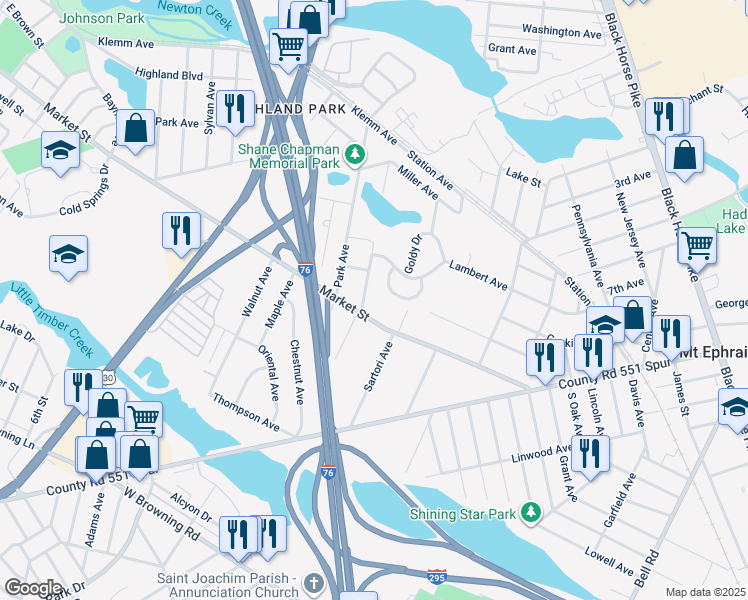 map of restaurants, bars, coffee shops, grocery stores, and more near 134 Edwards Drive in Gloucester City