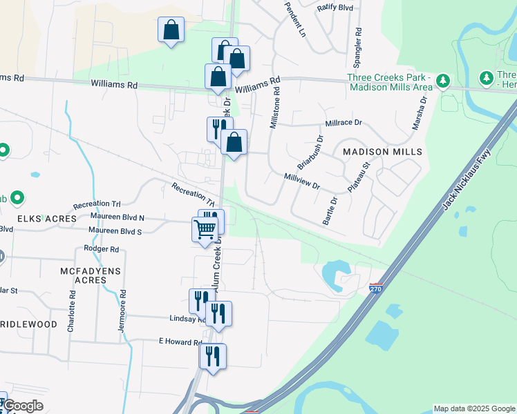 map of restaurants, bars, coffee shops, grocery stores, and more near 4083 Greenery Drive in Columbus