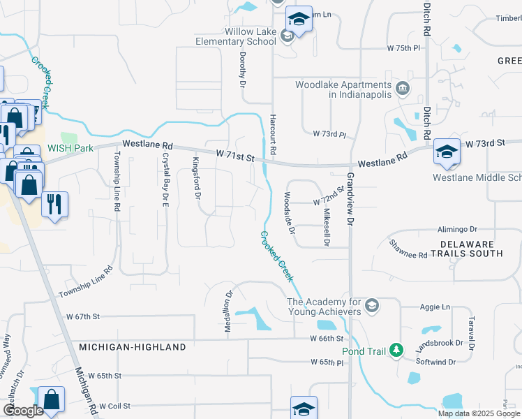 map of restaurants, bars, coffee shops, grocery stores, and more near 7135 Warrior Trail in Indianapolis