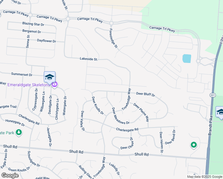 map of restaurants, bars, coffee shops, grocery stores, and more near 6589 Deer Bluff Drive in Dayton