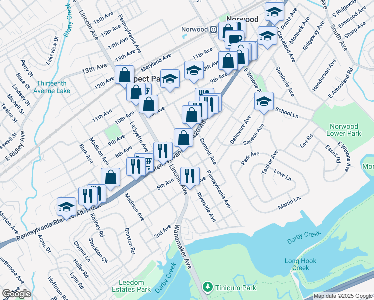 map of restaurants, bars, coffee shops, grocery stores, and more near 734 U.S. 13 in Prospect Park