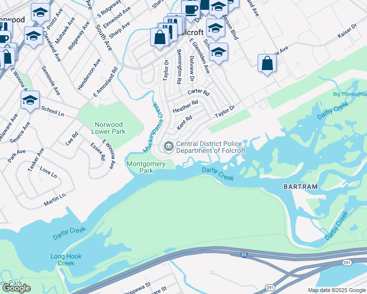map of restaurants, bars, coffee shops, grocery stores, and more near 1020 Taylor Drive in Folcroft