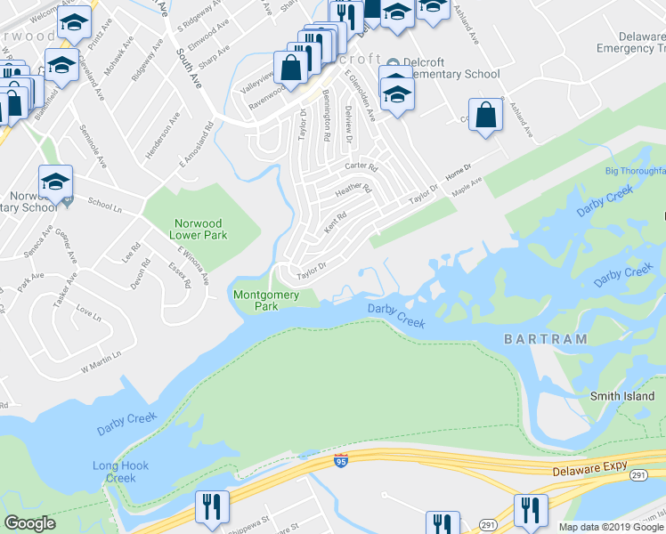 map of restaurants, bars, coffee shops, grocery stores, and more near 1020 Taylor Drive in Folcroft