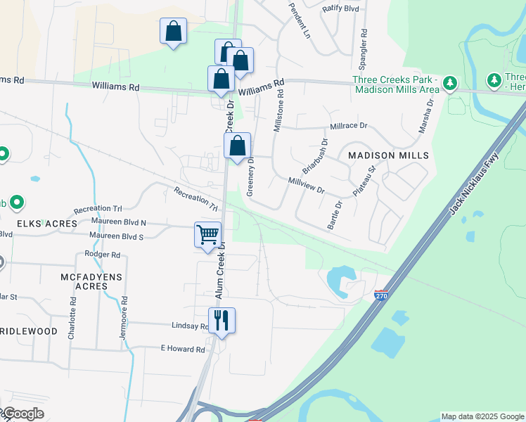map of restaurants, bars, coffee shops, grocery stores, and more near 4101 Acres Drive in Columbus