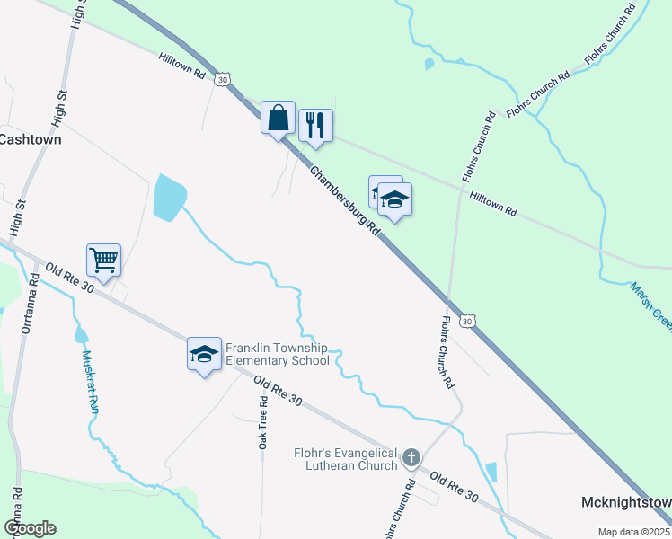 map of restaurants, bars, coffee shops, grocery stores, and more near 3430 Chambersburg Road in Biglerville