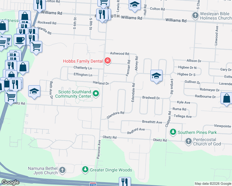 map of restaurants, bars, coffee shops, grocery stores, and more near 3822 Harland Court in Columbus