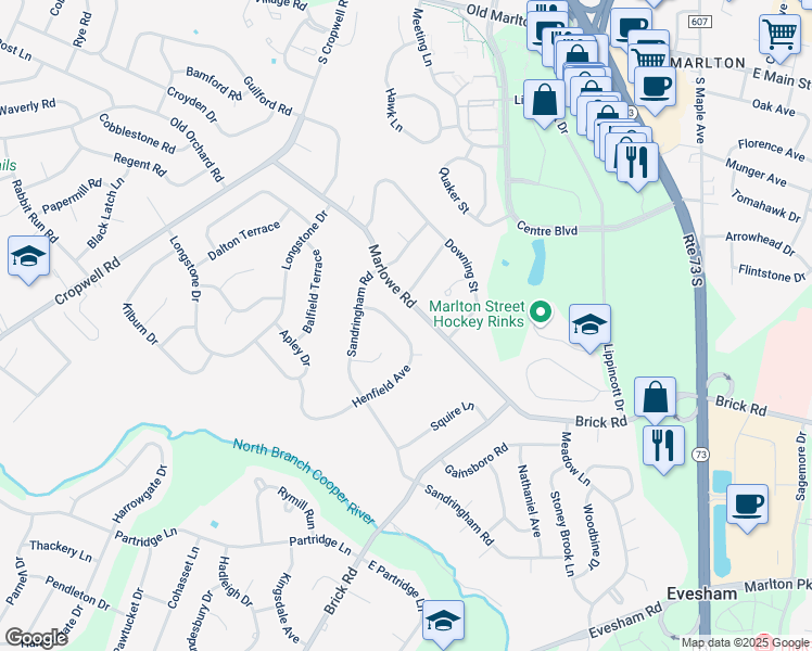 map of restaurants, bars, coffee shops, grocery stores, and more near 111 Henfield Avenue in Cherry Hill