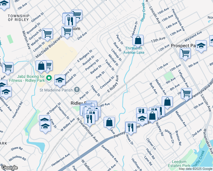 map of restaurants, bars, coffee shops, grocery stores, and more near 300 Kenny Street in Ridley Park