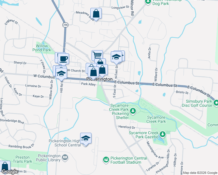 map of restaurants, bars, coffee shops, grocery stores, and more near 61 East Columbus Street in Pickerington