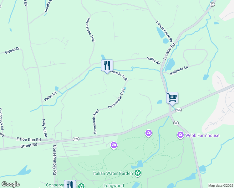 map of restaurants, bars, coffee shops, grocery stores, and more near 727 Beversrede Trail in Kennett Square