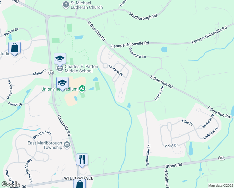 map of restaurants, bars, coffee shops, grocery stores, and more near 337 Astilbe Drive in Kennett Square