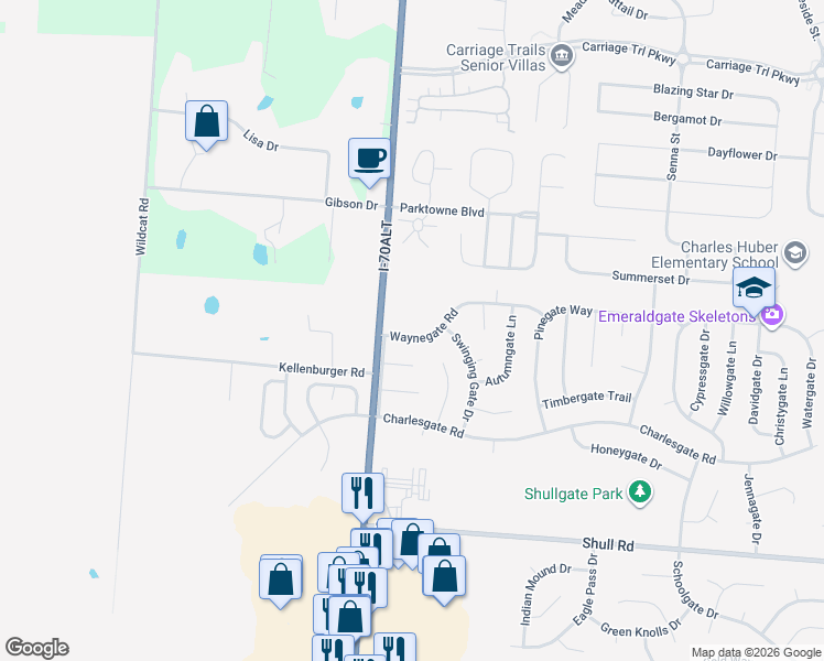 map of restaurants, bars, coffee shops, grocery stores, and more near 5719 Waynegate Road in Dayton