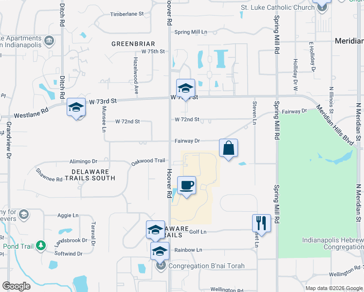 map of restaurants, bars, coffee shops, grocery stores, and more near 815 Fairway Drive in Indianapolis