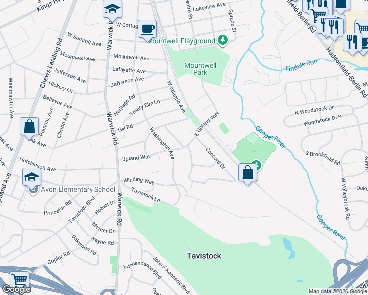 map of restaurants, bars, coffee shops, grocery stores, and more near Greenmount Road in Haddonfield