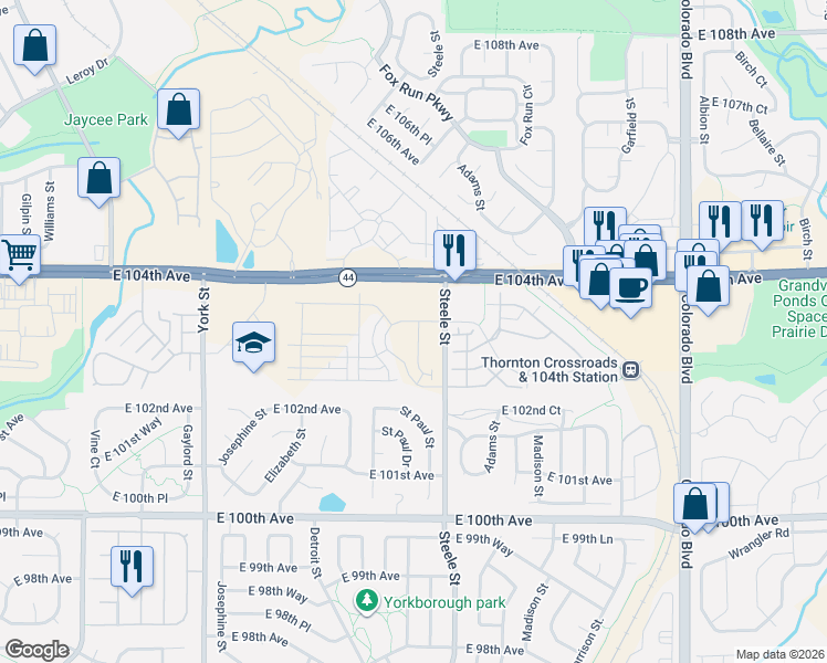 map of restaurants, bars, coffee shops, grocery stores, and more near 10159-10179 Steele St in Thornton