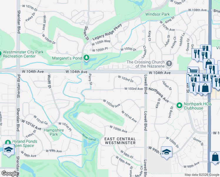 map of restaurants, bars, coffee shops, grocery stores, and more near 3888 West 103rd Drive in Westminster