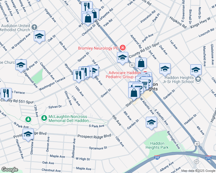 map of restaurants, bars, coffee shops, grocery stores, and more near 28 7th Avenue in Haddon Heights