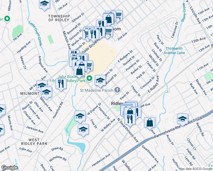 map of restaurants, bars, coffee shops, grocery stores, and more near 604 Morton Avenue in Ridley Park