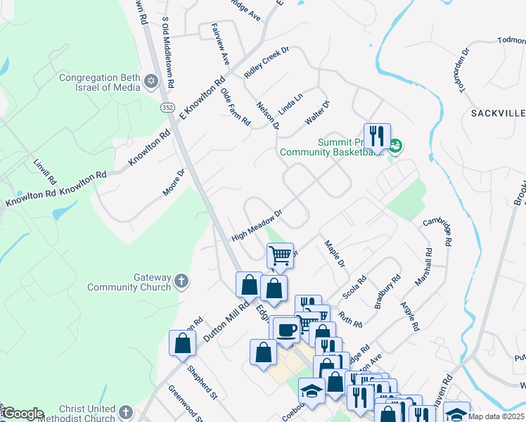 map of restaurants, bars, coffee shops, grocery stores, and more near 121 Meadowburn Lane in Media