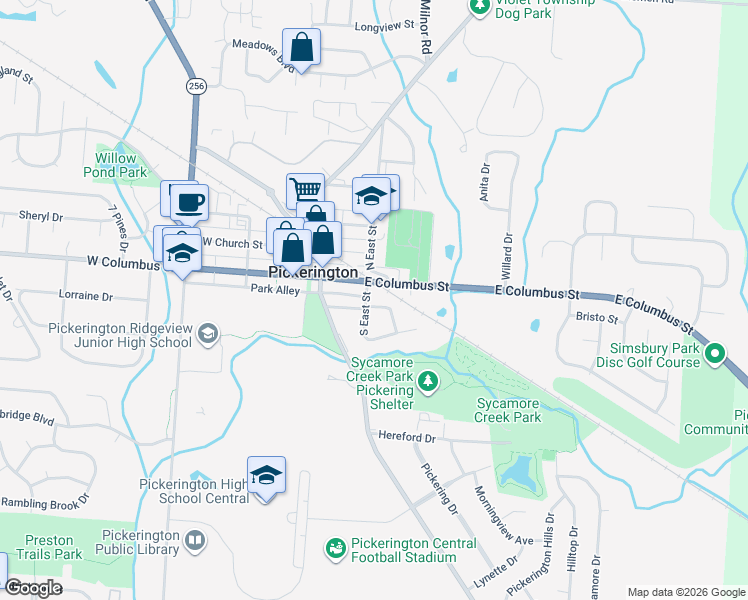 map of restaurants, bars, coffee shops, grocery stores, and more near 103 East Columbus Street in Pickerington